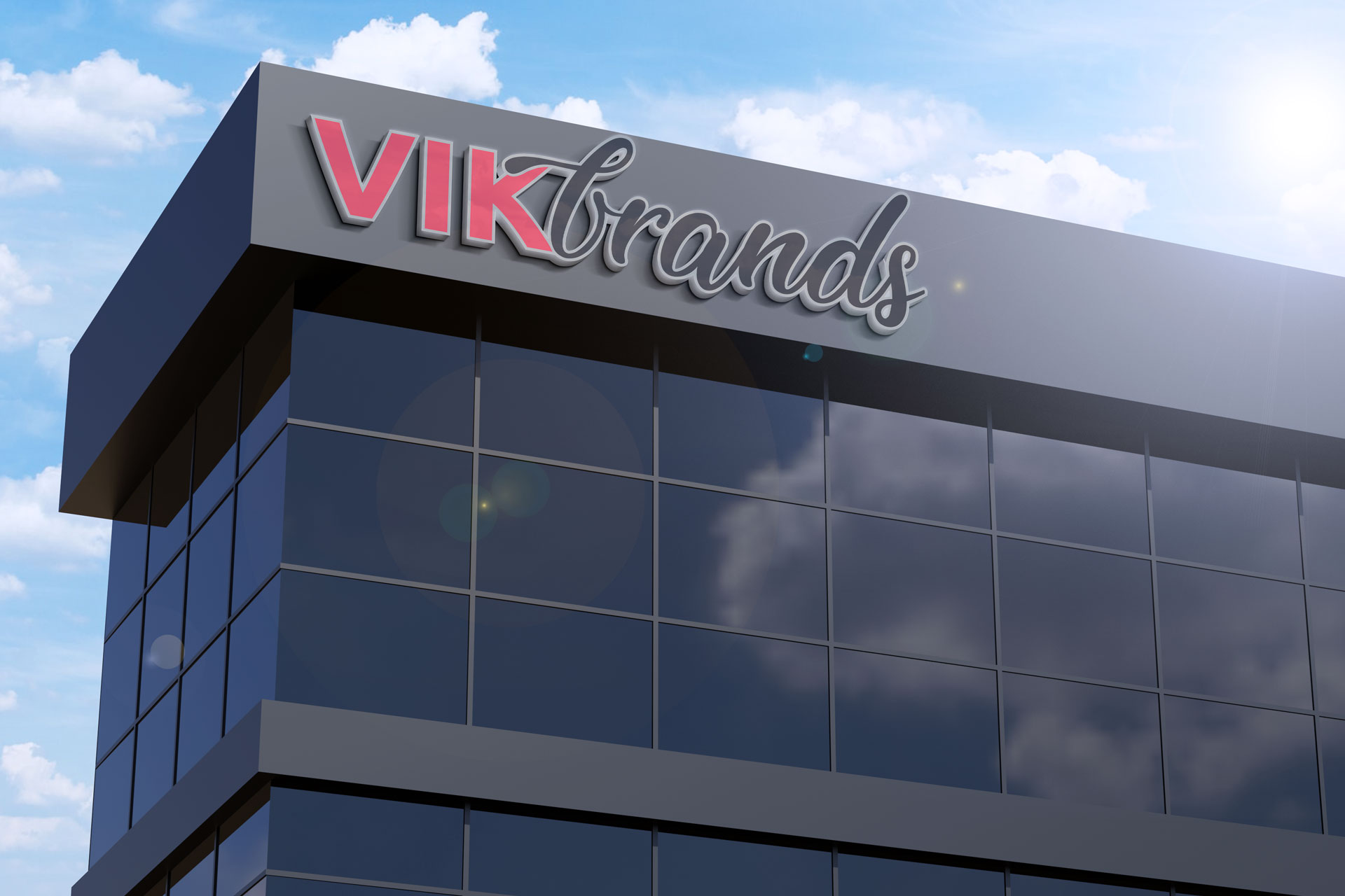 Rótulo de VIKbrands sobre la fachada de un edificio de oficinas
